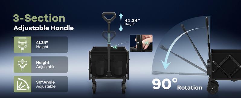 Collapsible Wagon Cart Foldable 34'' Extra Long, 360LBS Heavy Duty Folding Gardening Cart with Wheels, Portable Utility Outdoor Wagon for Grocery, Shopping, Sports, Camping, Black