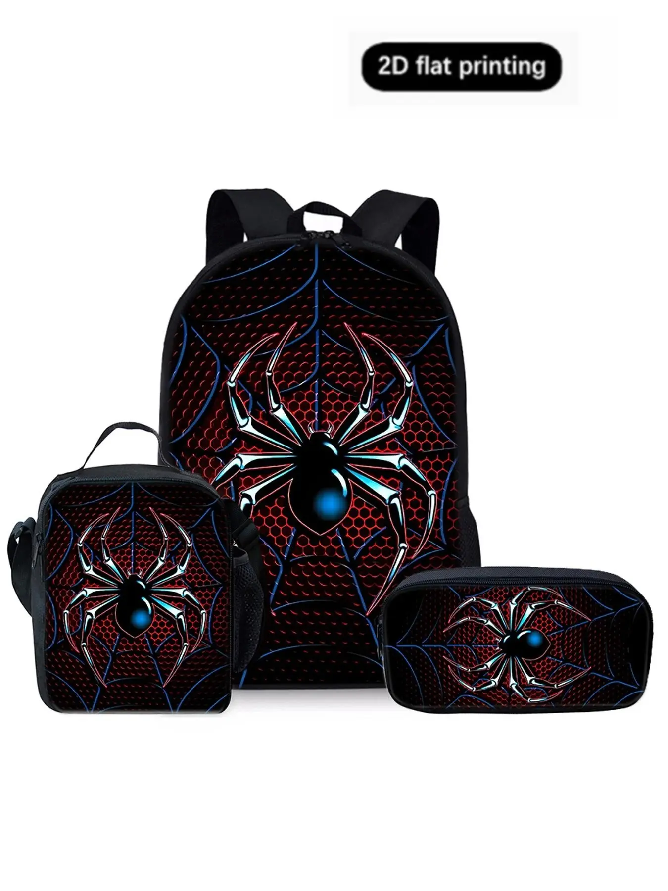 Spider Pattern 2D Print 17 Inch Backpack Set, Casual Cartoon Design, Includes Single Layer Backpack, Shoulder Strap Lunch Bag, Pen Case