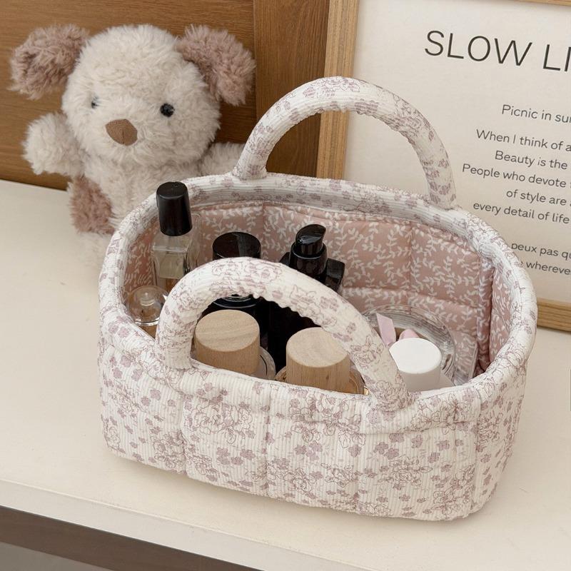 Flannel Peony Storage Basket, Floral Quilted Handheld Organizer, Desktop Living Room Bedroom Sorter, Cosmetic Bags