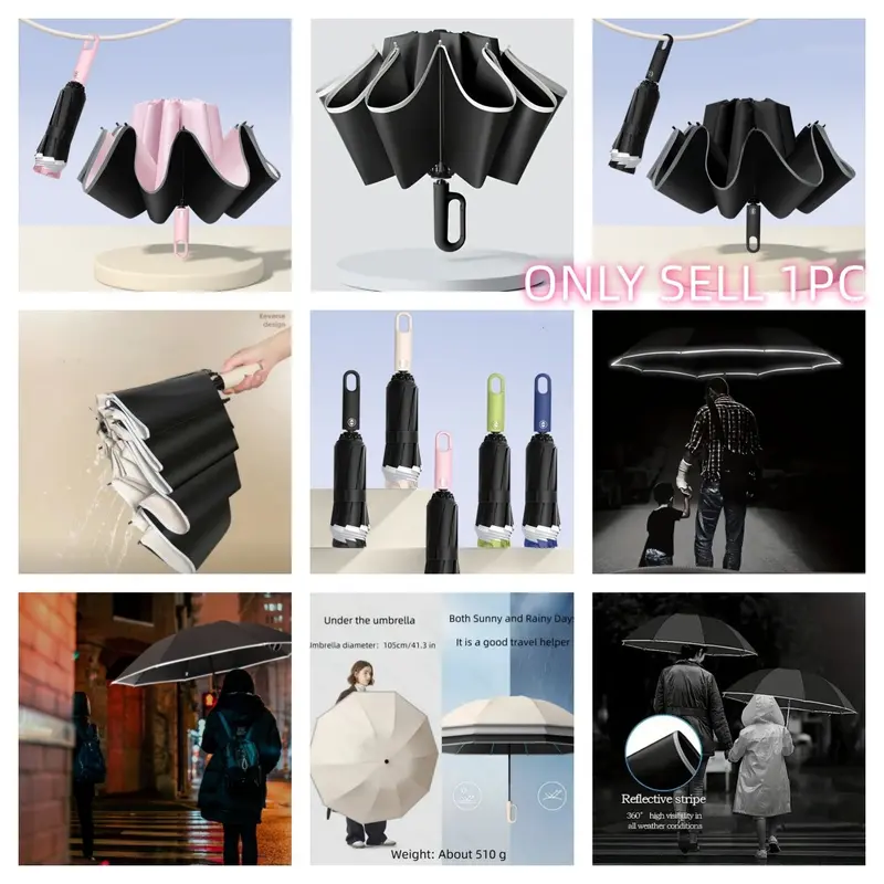 Reflective Reverse Umbrella, Automatic Windproof 46 Inch Portable Folding Rain Umbrella, Fashion Car Umbrella, Unisex, Multiple Colors Available, Portable Foldable Umbrella