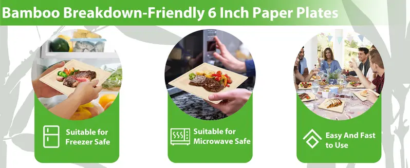 60pcs  MZLBAMBOO Disposable Compostable Square Paper Plates 6 Inch  Waterproof Oilproof Heavy-Duty Microwave For Picnic, Camping, Party, Travel