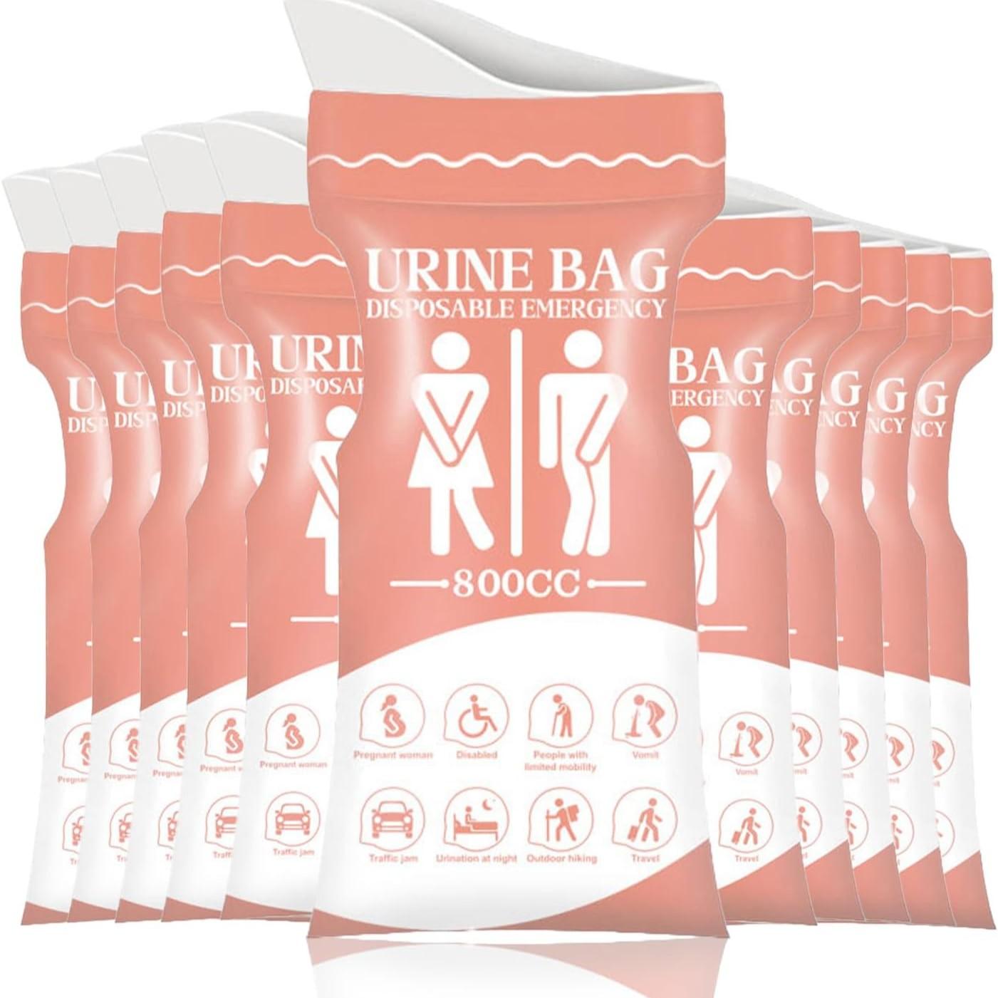 10 Pack Disposable Emergency Urinal Bags, Pink Portable Travel Urine Bags for Camping, Traffic Jam & Vomit, Unisex