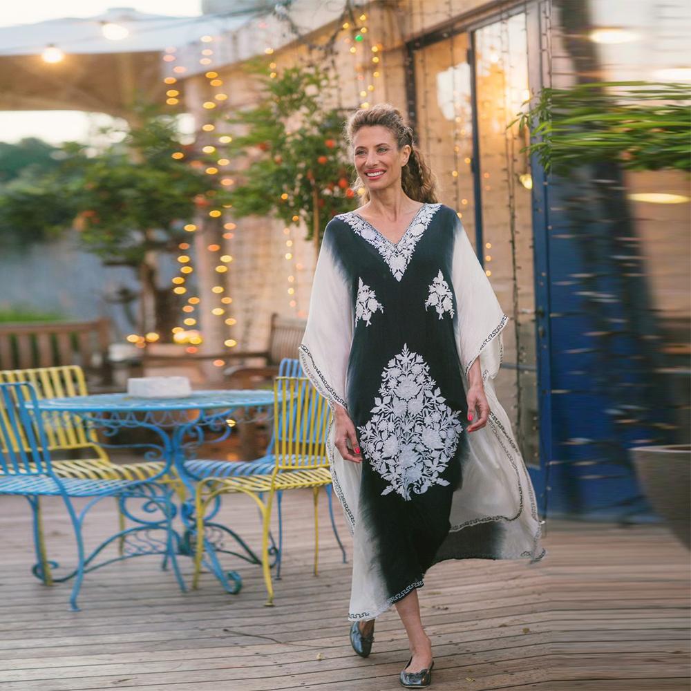 Bsubseach Women's Ethnic Print Kaftan Dress Plus Size All Over Print Sleeve Tunic Dress Boho Casual V Neck 3/4 Sleeve Tunic Dress for Women Mrs Roper Kaftan Bubu Mumu Casual Womenswear Summer Bohemian