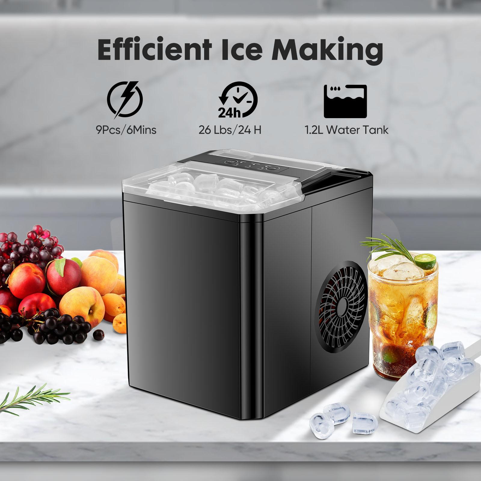Ice Maker Countertop with Handle, 26.5lbs/24Hrs, 9 Ice Cubes Ready in 6 Mins, Self-Cleaning Portable