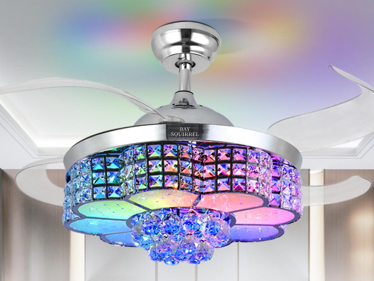 BAYSQUIRREL Retractable Crystal Ceiling Fan with Speaker,Remote/APP Control, 6 Speed Reversible RGB-LED Light,  Atmosphere Lighting Ambient Decoration Lamp, Excellent Gifts Changing Nightlight