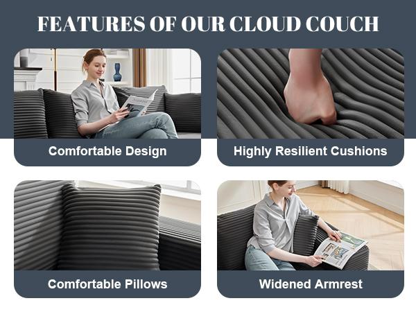 【2-3 Packages】110” Cloud Sectional Couch, Boneless Sofa for Living Room, Modern Modular Couch with Deep Seat, Upholstered Sofa with L-Shaped Chaise, No Assembly Required