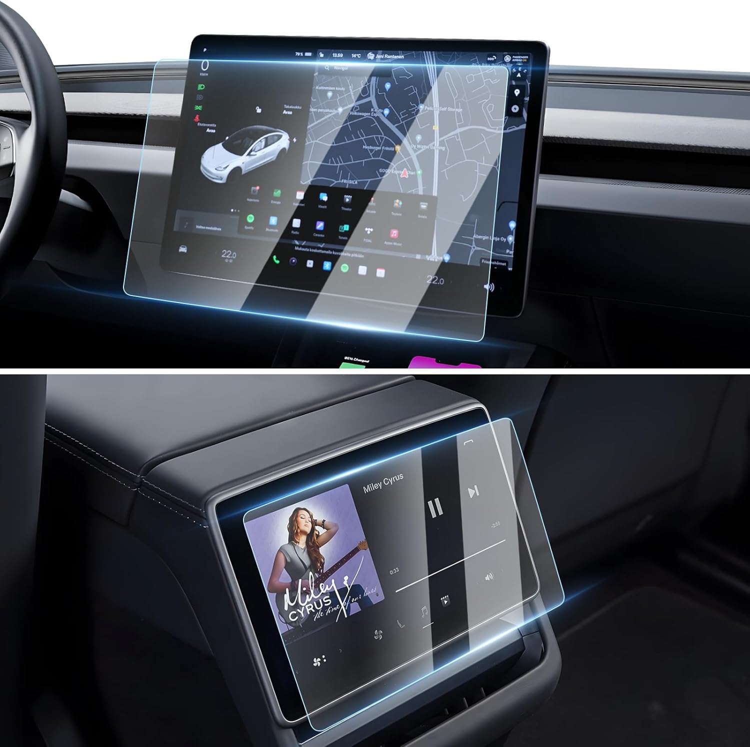 Canvcle 2 Pack Tesla New Model Y Juniper 2025~2026 / 2024~2025 Model 3 Highland Screen Protector [No Glare & Fingerprint] 15.4-Inch Front & 8-Inch Rear Touchscreen Tempered Glass Protector Accessories