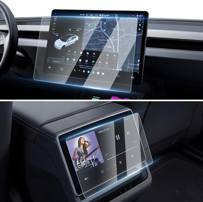 Canvcle 2 Pack Tesla New Model Y Juniper 2025~2026 / 2024~2025 Model 3 Highland Screen Protector [No Glare & Fingerprint] 15.4-Inch Front & 8-Inch Rear Touchscreen Tempered Glass Protector Accessories