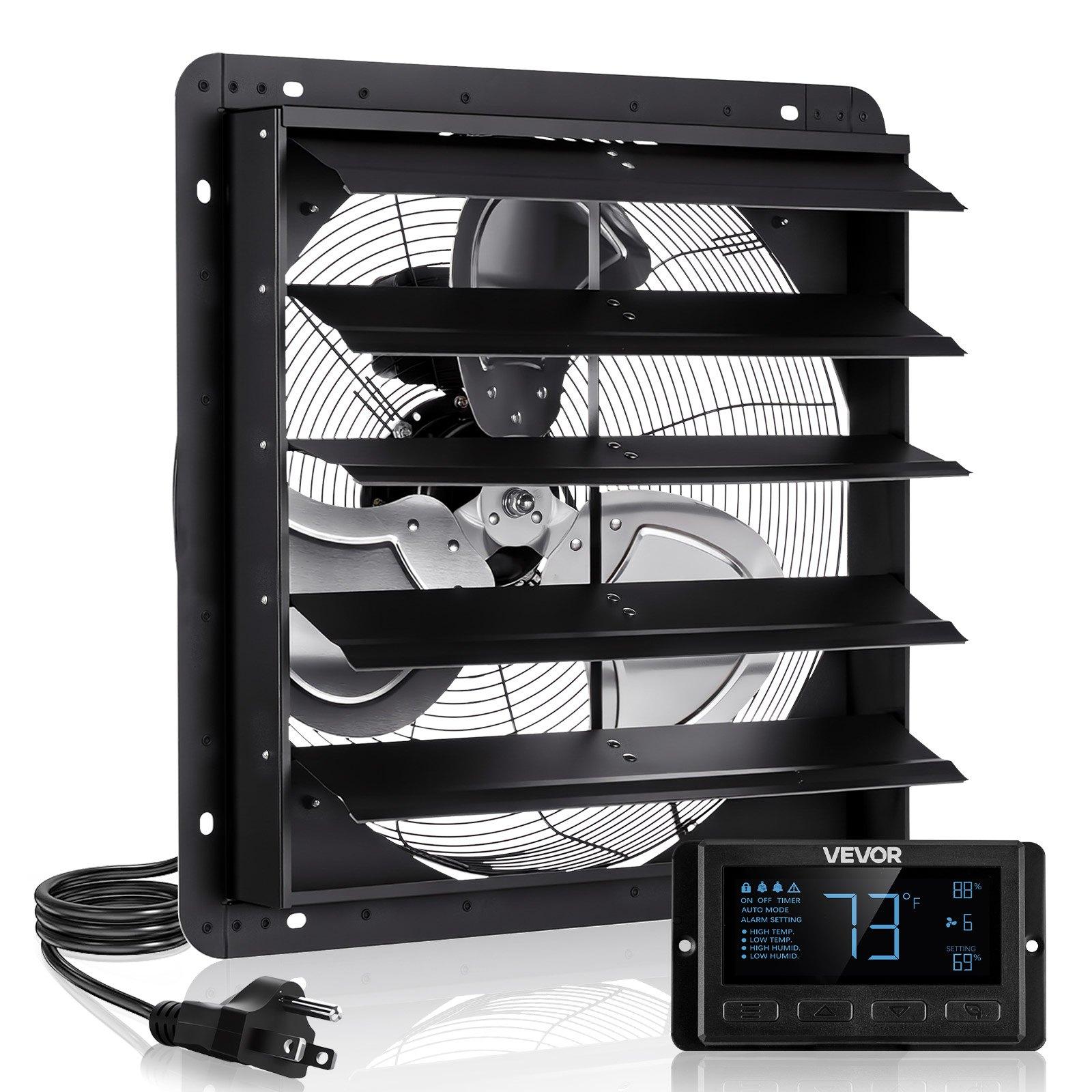 VEVOR 20 inch Shutter Exhaust Fan, Wall Mounted Attic Vent Fan with Smart Programming Variable Speed Temperature Control, 4800 CFM, EC Motor, Timer, for Shed, Garage, Greenhouse Ventilation Cooling, Black