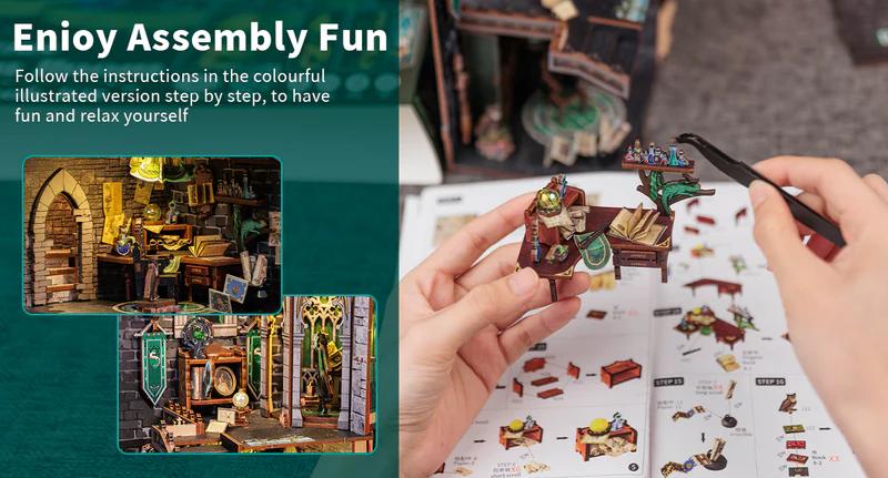 CUTEBEE Darkness Common Room DIY 3D Book Nook Kit  Magic Series Miniature Bookcase with LED Lights Handmade Creative Toy for Teens Adults Holiday Christmas Black Friday Gift Dust Proof Home Decor Magical Ambiance