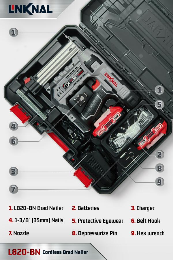 LINKNAL Electric Nail Gun, Cordless Brad Nailer, 18 Gauge, 2×20V Li-ion Batteries, Charger & 1000 Nails Included (L820-BN) - Tool Cordless Heavy Duty LINKNAL Electric Nail Gun, Cordless Brad Nailer, 18 Gauge, 2×20V Li-ion Batteries, Charger & 1000 Nails Included (L820-BN) - Tool Cordless Heavy Duty