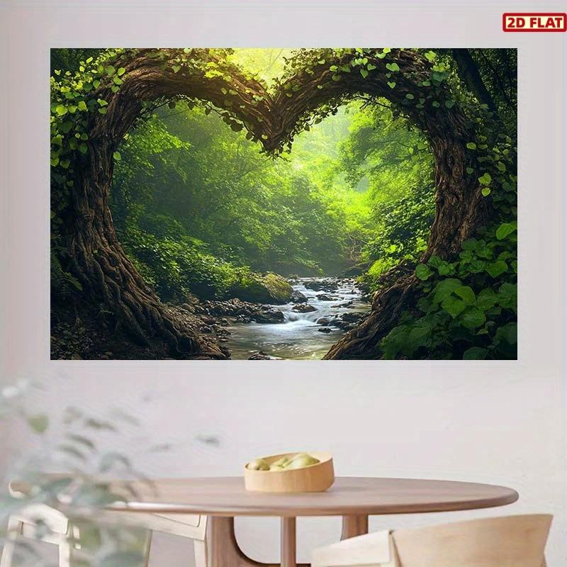 2D Flat Banner, 1pc heart-shaped tree frame Backdrop with serene stream & lush greenery - durable Polyester Wedding & Party background Banner for romantic events, birthdays, photo shoots - no electricity needed Wall Decor Banner