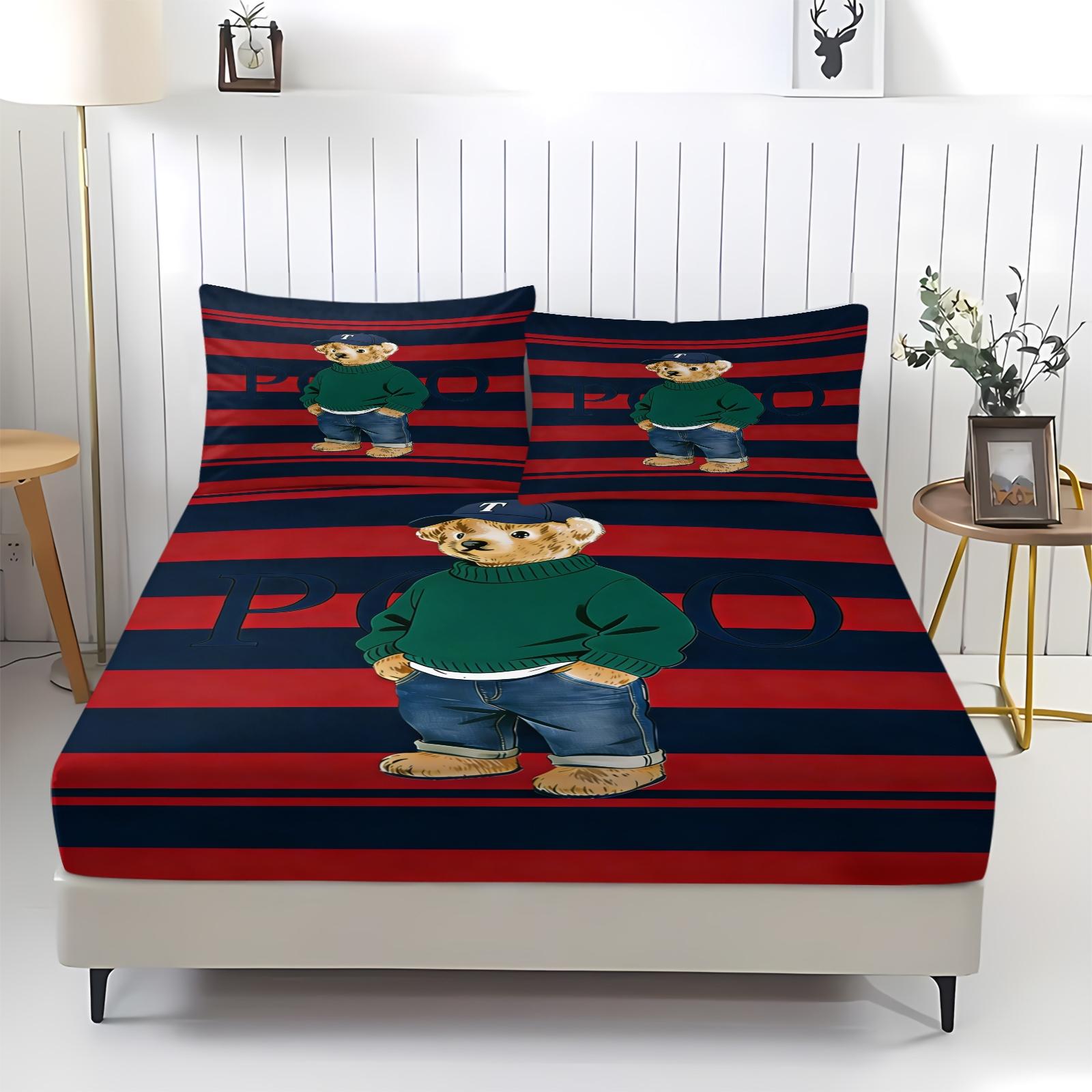 Teddy Bear Pattern Bed Sheet, Comfortable Printed Pattern, Includes 1 Bed Sheet and 2 Pillowcases, Comfortable Bedding, Non slip Dust Cover Suitable for Bedroom and Guest Room, Suitable as a Gift for Children or Adults