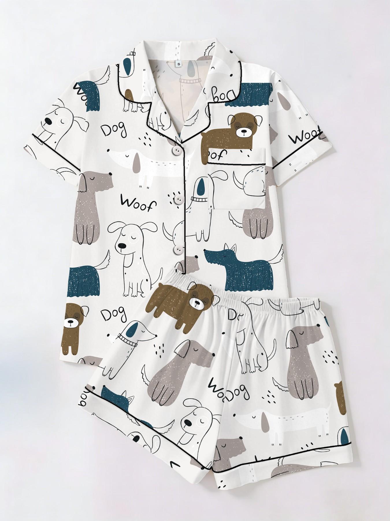 Women's Short Sleeve Button Down Top and Shorts Pajama Set, Spring Summer Wear, For Fun Lovers, White Base Funny Dog Woof Print, Classic Lapel Collar, Loose Fit, Comfortable For Home & Photo Shooting