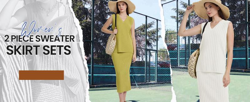 Kingapril Women's 2 Piece Sweater Skirt Sets Sleeveless V Neck Knit Ribbed Vest Tops Midi Skirt Basic Casual Fitted  Minimalist Suits