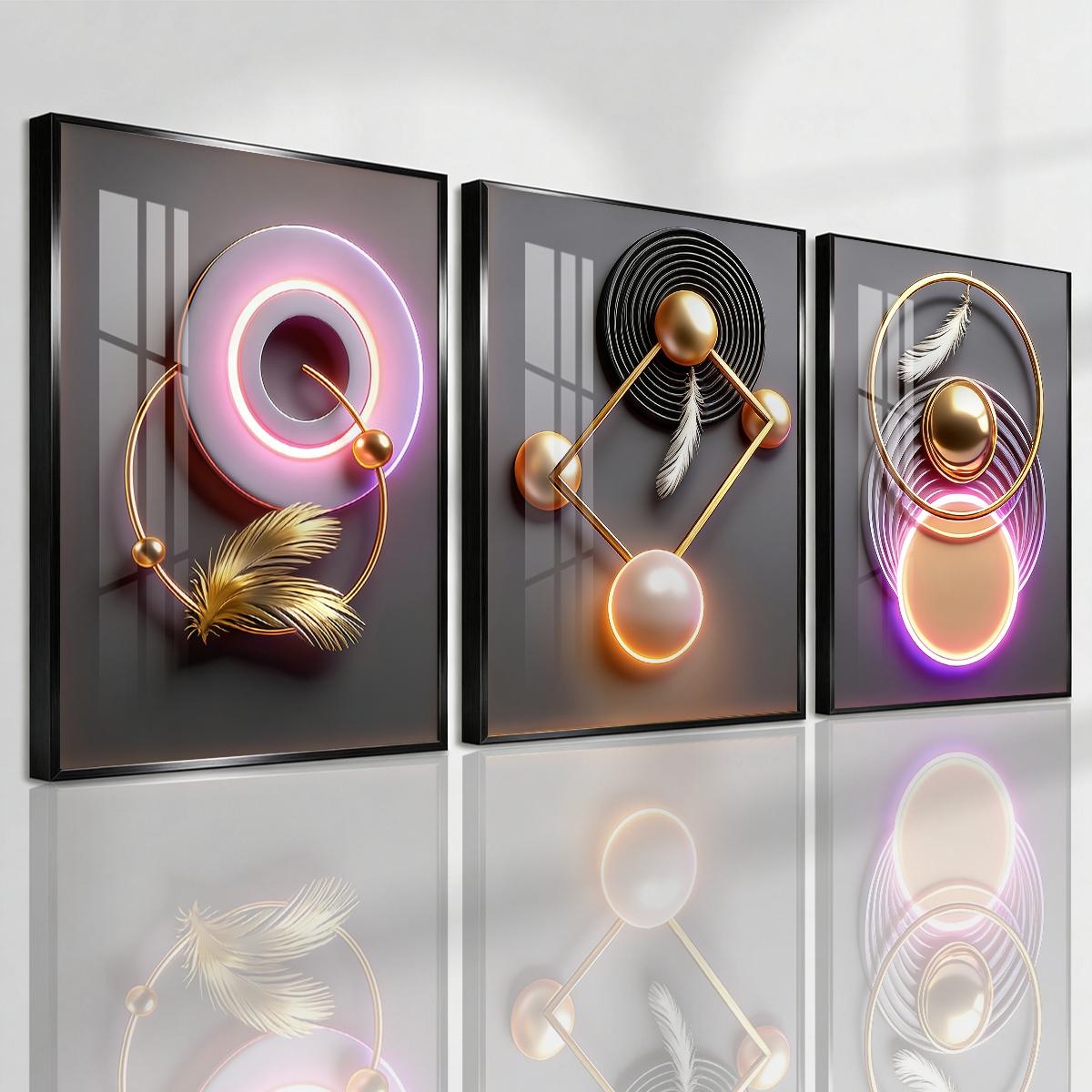 3 Counts Aluminum Alloy Framed Painting, Modern Geometric Feather Art Pictures, Home Decoration For Living Room, Bedroom, Office, Restaurant, Hallway Wall Decor, Odorless Print Artwork, Luxury Perfect Gift For Friends And Family