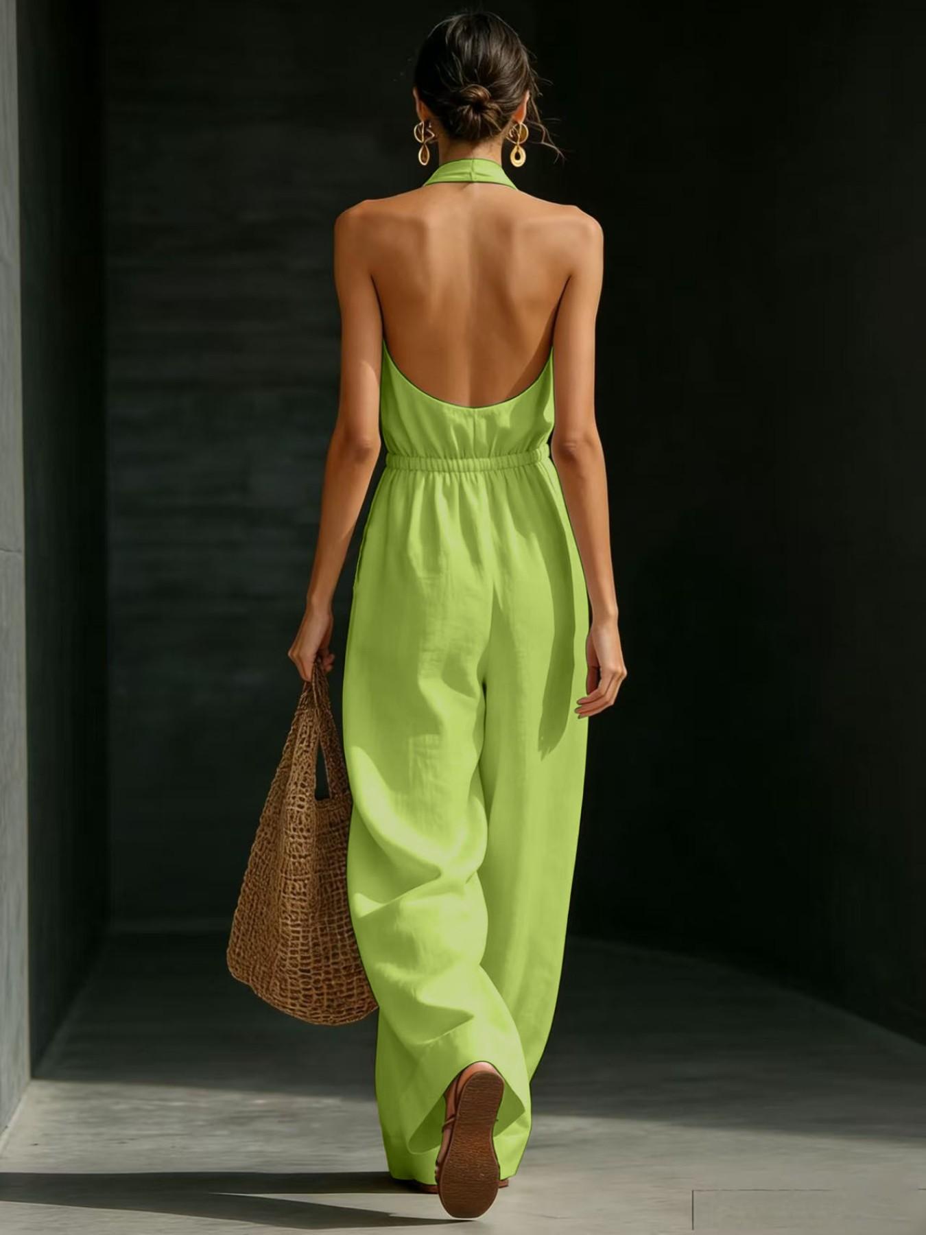 Women's V-Neck Halter Backless One-Piece Dress, Elegant Design, Fashionable Office Wear, French Style, Perfect for Daily Use