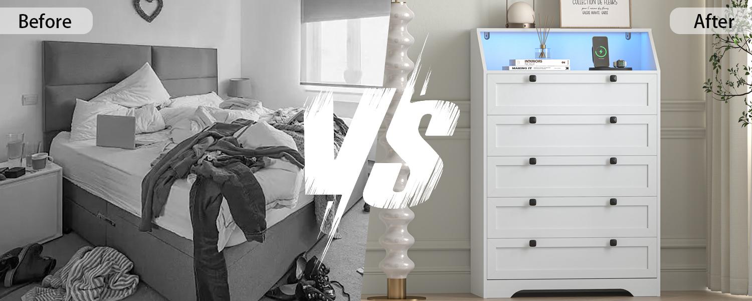 Nightstand with Charging Station，Drawer Dresser with LED Light, Space-Saving Tall Dresser Organizer for Bedroom, Hallway, Closet,Living Room, Furniture Orgaization