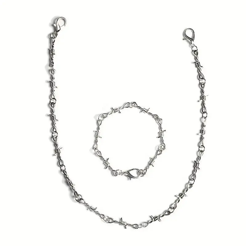 2Pcs Punk Thorns Metal Barbed Wire Chain Necklace Bracelet Retro Silvery/Golden/Black Gothic Necklace & Bracelet Jewelry Holiday Gift for Men Women