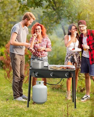 GEEKHOM High Pressure Propane Burner, Portable Triple Burner Outdoor Stand Stove Gas Cooker with Detachable Legs, 0-20 PSI Adjustable Regulator and 1.2m Hose for Outdoor 22.5W BTU (Three Burner Stove) Windproof Butane Refillable