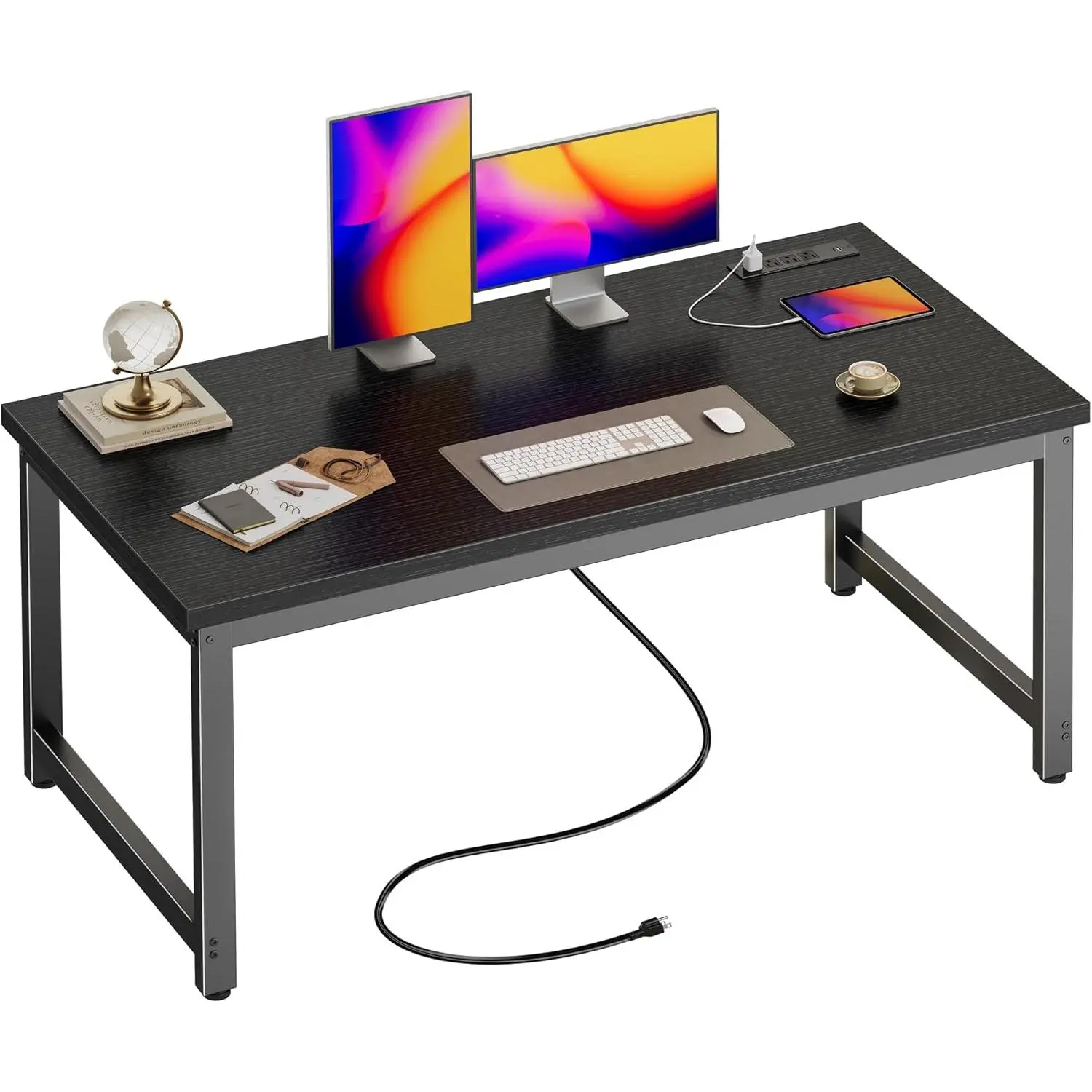 Huuger 55 x 24 inch Desk with Power Outlets & USB-C, Deeper & Thicker Desktop, Robust Metal Tubes, Computer Desk, Heavy Duty Office Desk, Work Gaming Desk for Home Office, Black