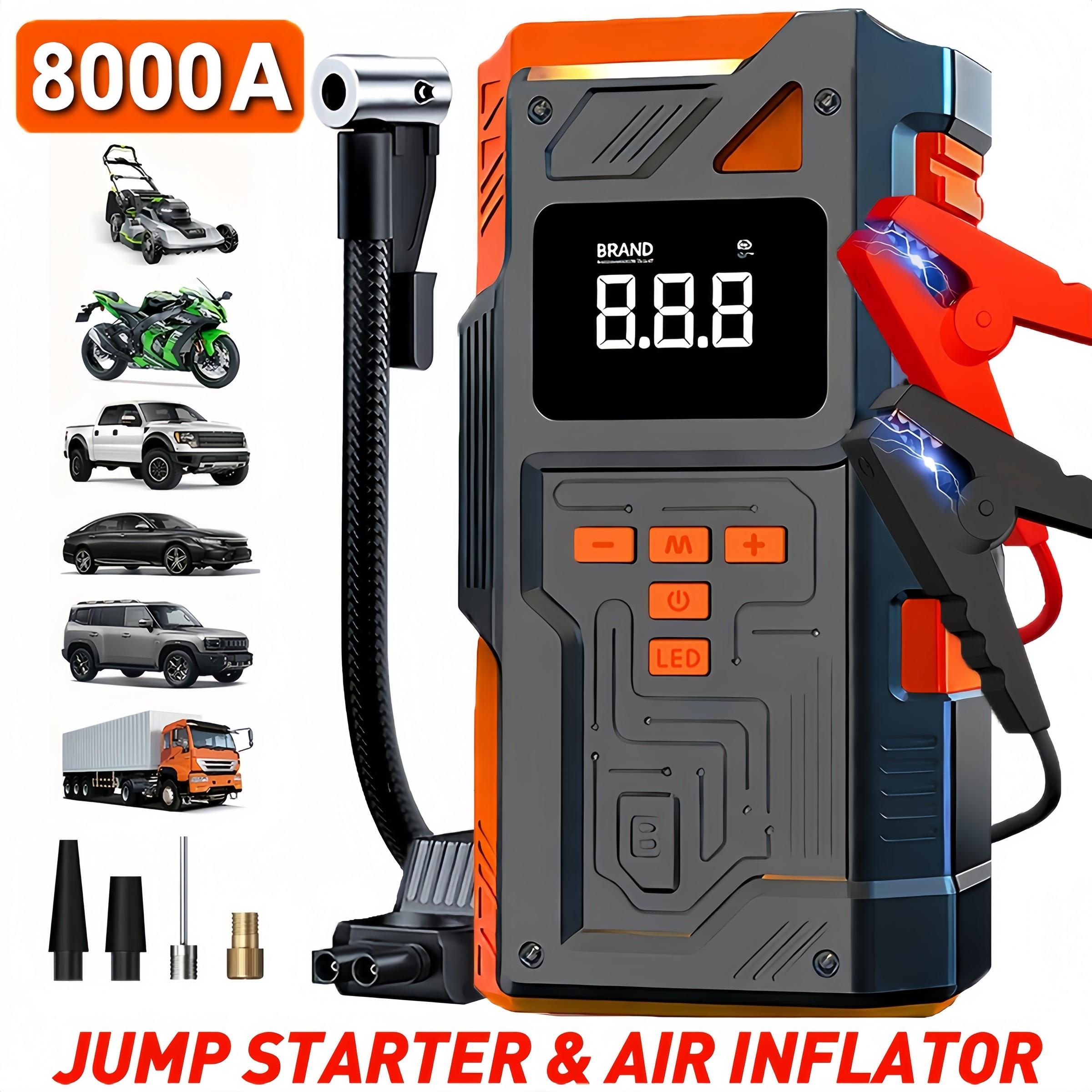 10-in-1 Wireless Car Repair Tools (including 180 PSI air compressor and 12/24V battery boost starter, 8000mAh battery pack, tire pressure monitor, flashlight, equipped with intelligent jumper connector and inflation accessories)，Intelligent jumping box.