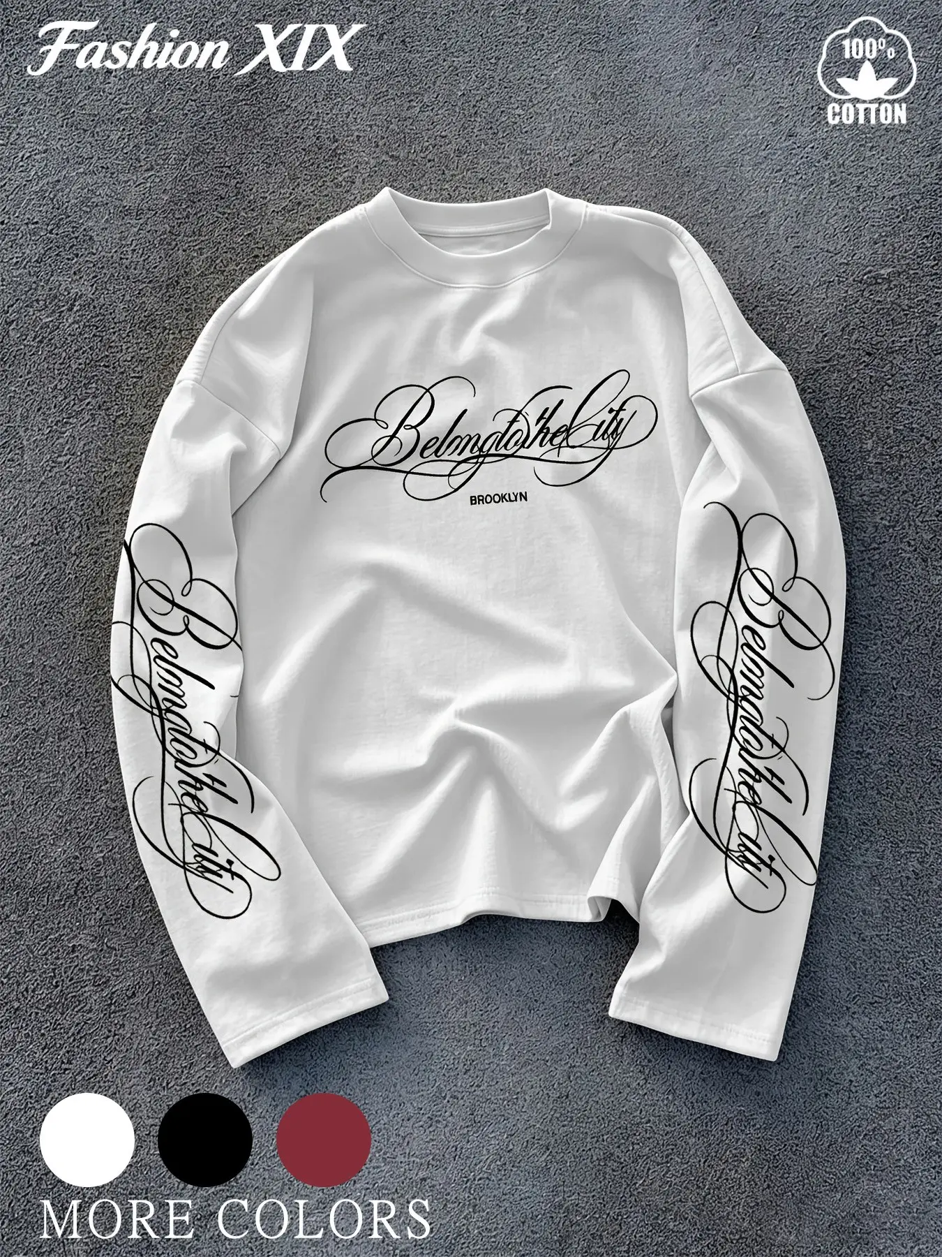 Unisex 100% Cotton Crew Neck Long Sleeve T-Shirt, Rare Aesthetic Gothic Cursive Letter Print Loose Casual Top, Oversized Long Sleeve Tee for Spring & Autumn Daily Street Outfits