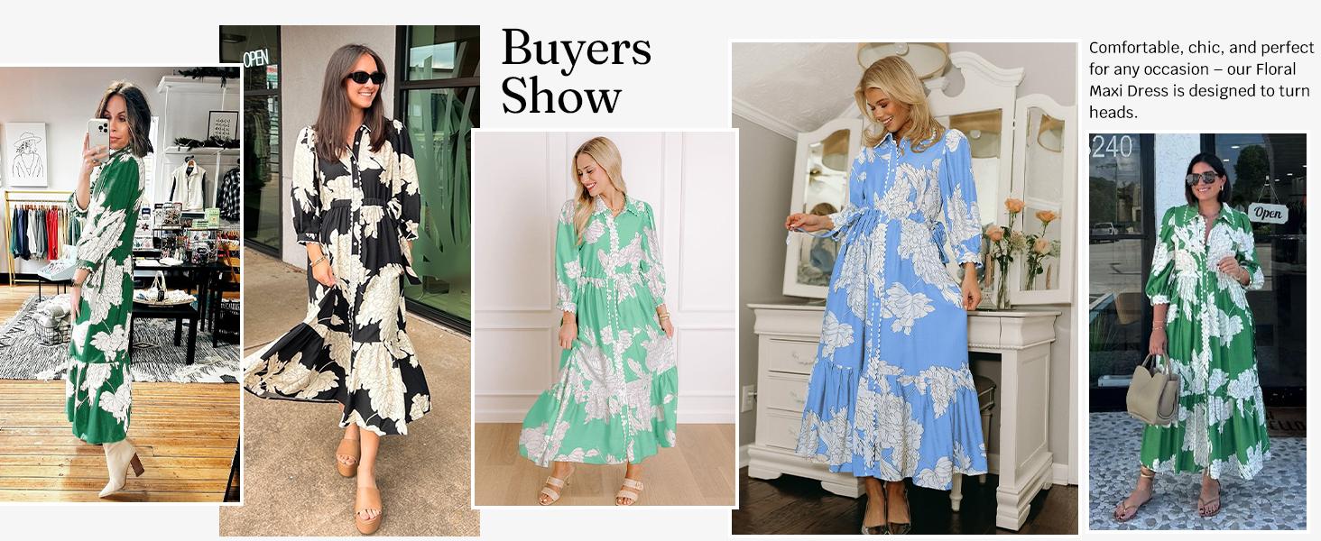 Wenrine Women’s Maxi Shirt Dress Casual Floral Collared 3/4 Long Sleeve Drawstring Waist Fall Button Down Dresses