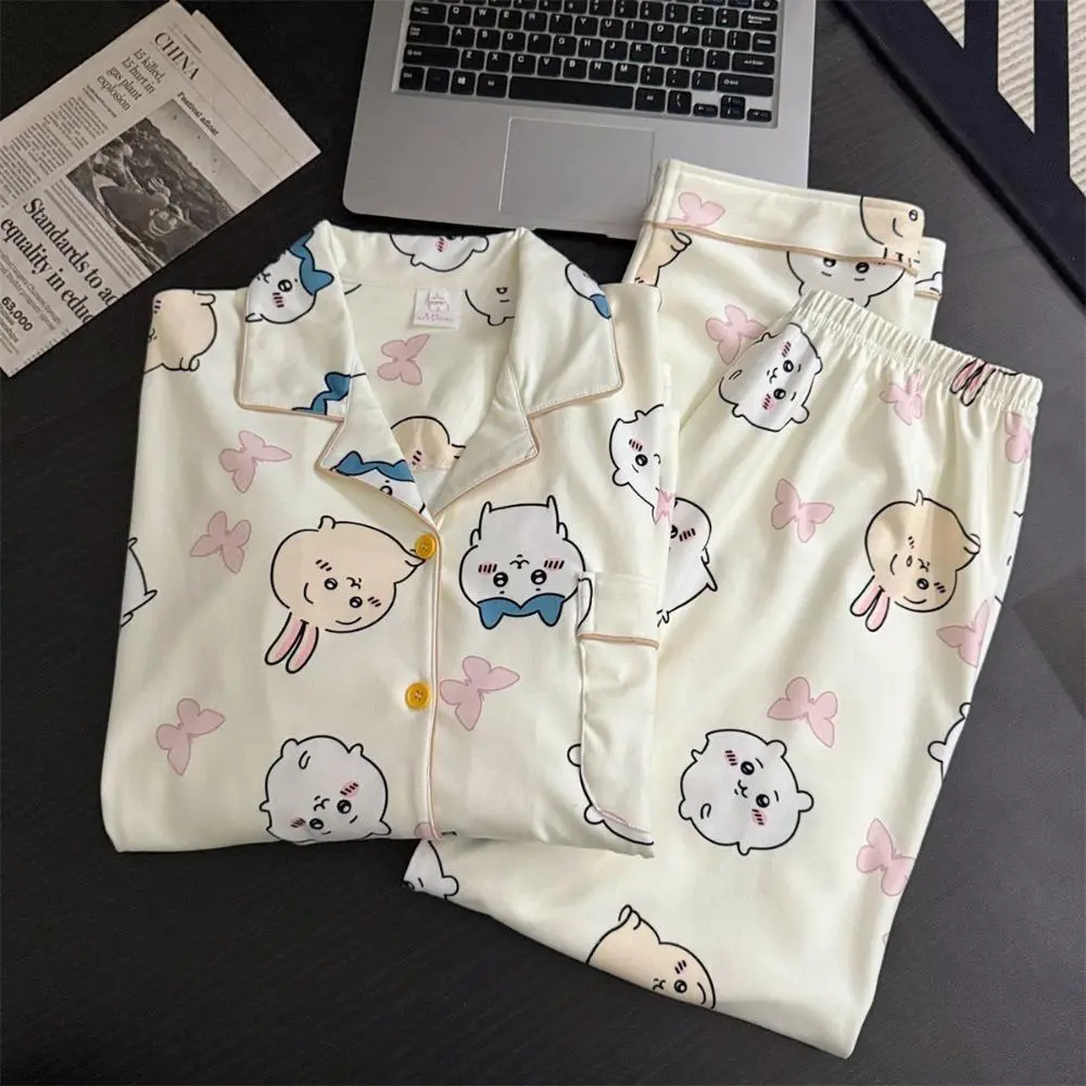 Chiikawa Hachiware Usagi Cute Cartoon Pajamas Set for Women Students Autumn Spring Soft Cozy Sleepwear Home Clothes Nightwear