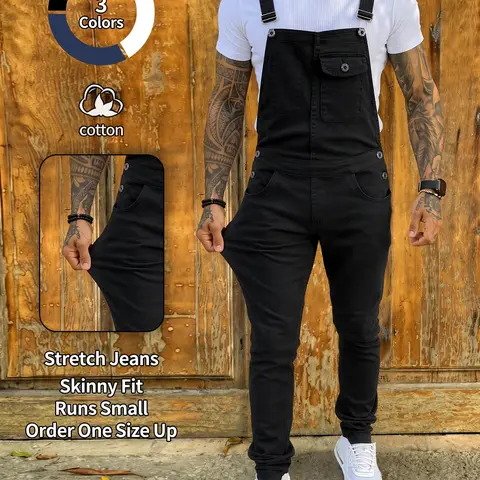 Men's Denim Jumpsuit Workwear, Jumpsuit with Pockets, Elastic Jean Fabric Adjustable Straps & Pockets, Casual Washed Harem Overall, All Seasons