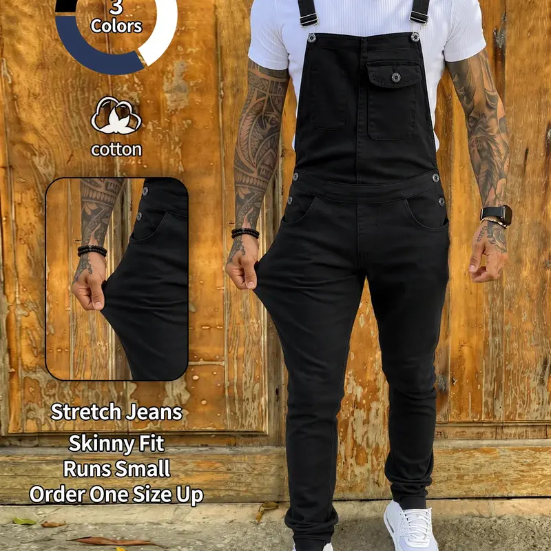 Men's Denim Jumpsuit Workwear, Jumpsuit with Pockets, Elastic Jean Fabric Adjustable Straps & Pockets, Casual Washed Harem Overall, All Seasons