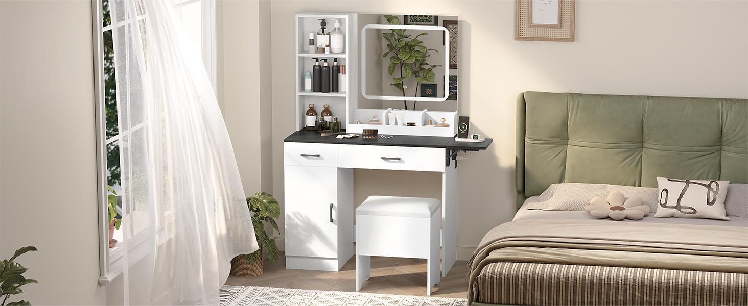 Modern Makeup Vanity Set with Adjustable LED Mirror,Vanity Desk with Stool, Dressing Table Set Furniture Organization