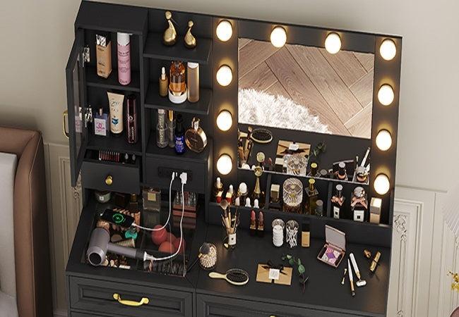 Sikaic Glass Top Makeup Vanity Set with Bench Lighted Mirror Charging Station Furniture Cosmetic Storage Drawer Modern Organization Aesthetic Design Minimal Sikaic Glass Top Makeup Vanity Set with Bench Lighted Mirror Charging Station Furniture Cosmetic Storage Drawer Modern Organization Aesthetic Design Minimal