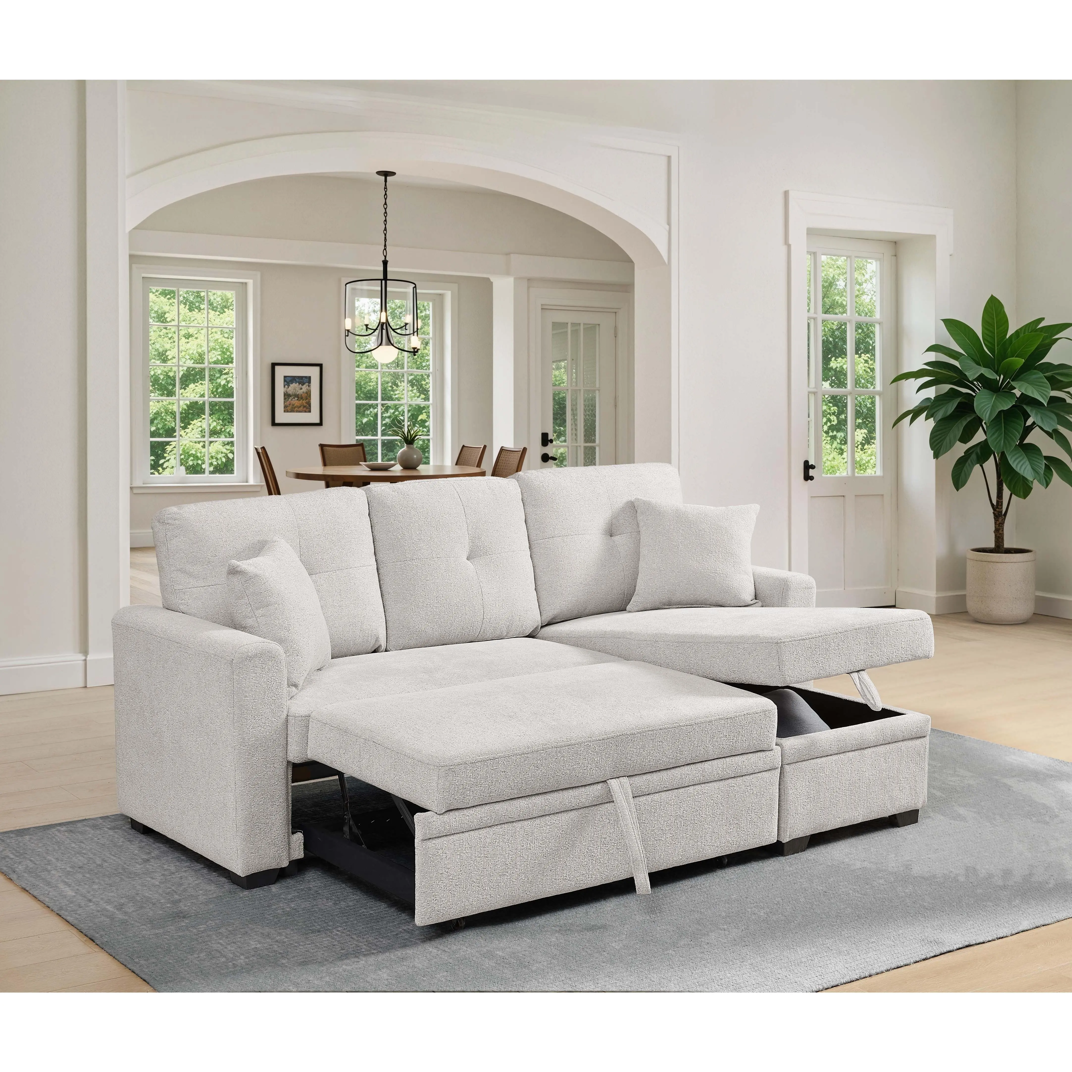 Nokaa 76.5" Chenille Upholstered 3-Seat Sectional Sofa - Reversible Chaise with Storage, Pull-Out Bed, Tufted Design, Foam Cushions, Medium Firmness, Easy Assembly for Living Room, Reversing Chaise, Three Seats