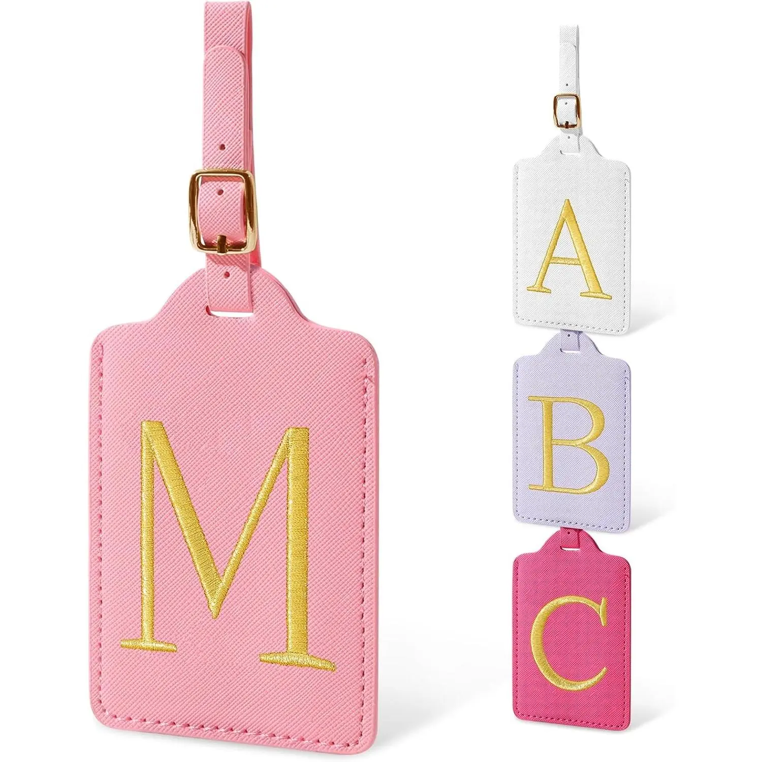 Personalized Initial Embroidered PU Leather Luggage Tags for Suitcases, Cute Travel Baggage Tags with Letter, Suitcase Identifier Name Tags for Men Women Kids, Pink MGift