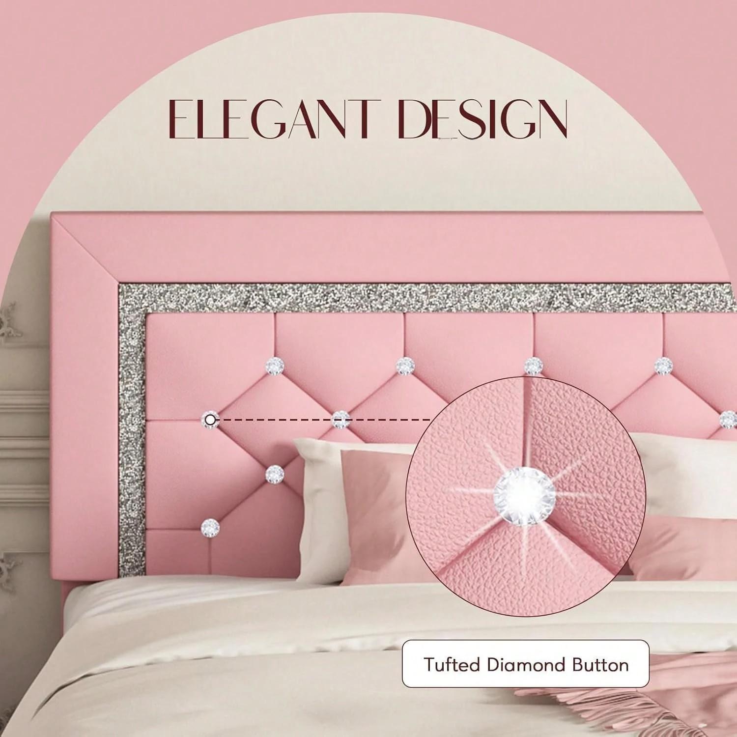 Twin/ Full/ Queen Bed Frame With Headboard, Modern Upholstered Bed Frame With Diamond Tufted Headboard, PU Leather Bed Frame, No Box Spring Needed, Easy Assembly, White/ Black/ Pink