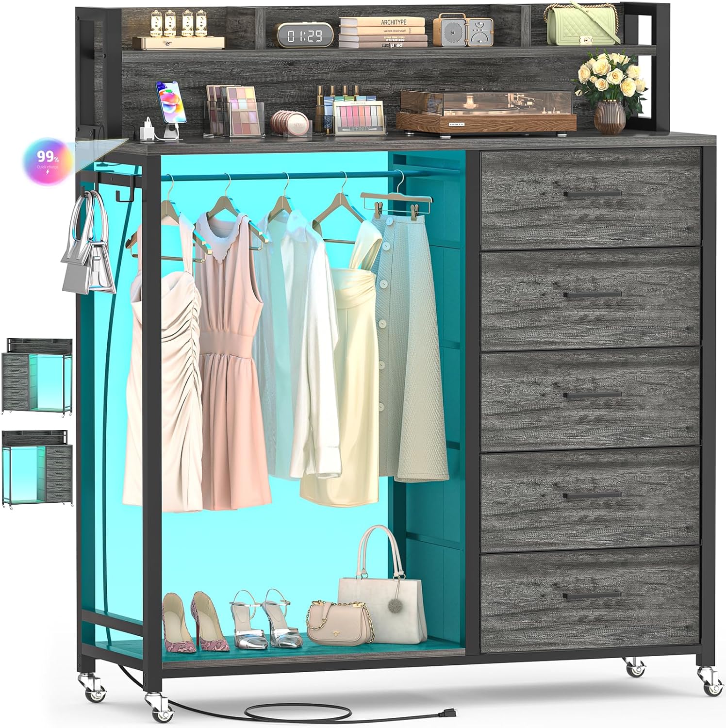 Unikito 5-in-1 Smart Storage cabinet + shelf/ LED Lights & USB Charging! Closet Organizer + 5 Fabric Drawers + Lockable Wheels Perfect for Bedroom/Entryway Unikito 5-in-1 Smart Storage cabinet + shelf/ LED Lights & USB Charging! Closet Organizer + 5 Fabric Drawers + Lockable Wheels Perfect for Bedroom/Entryway