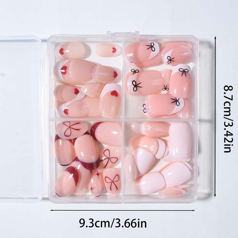 96pcs Short Oval Heart Bow False Nails Set, Removable Press-On Acrylic Nails, Y2K Style, Perfect for Women, Valentine's Day, Fall Winter