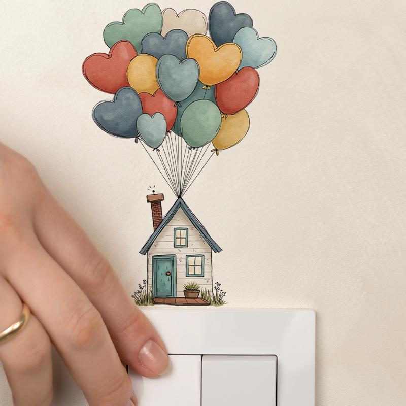 1pc Balloon House Switch Sticker, 2D Flat Sticker, Colorful Balloon and House Design, Removable Self-Adhesive, Home Decoration