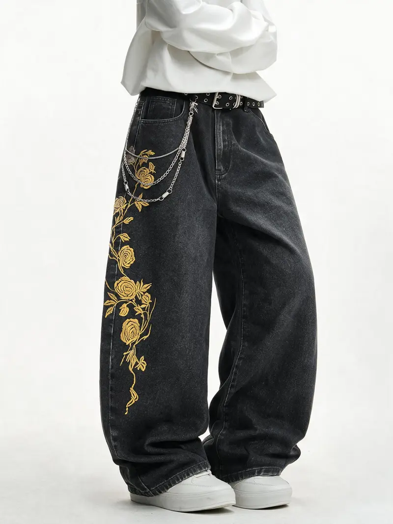 Men's Rose Embroidered Wide Leg Jeans, Vintage Washed Loose Fit Streetwear, Trendy Hip-Hop Long Pants, All Seasons Fashion