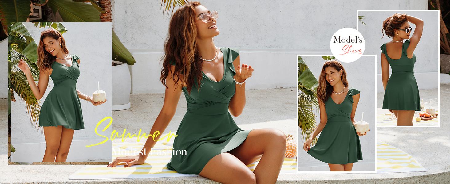 【S-2XL】Tummy Control Tankini Swimsuits for Women V Neck Swimdress Modest Swim Dress Bathing Suit with Boyshorts Outdoorfun