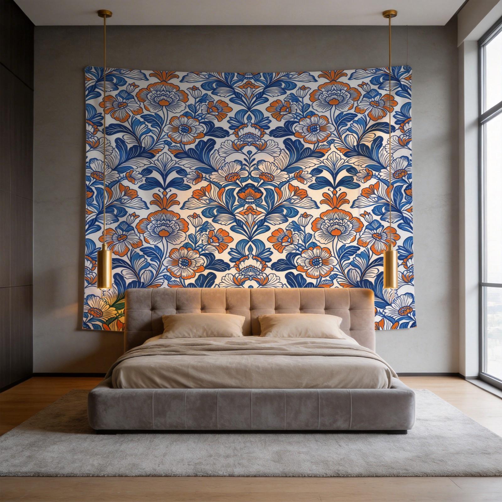 1 Piece Bohemian Blue Orange Floral Tapestry, HD Digital Printed Wall Hanging Tapestries, Aesthetic Boho Tapestry for Living Room Bedroom Dorm Home Decor