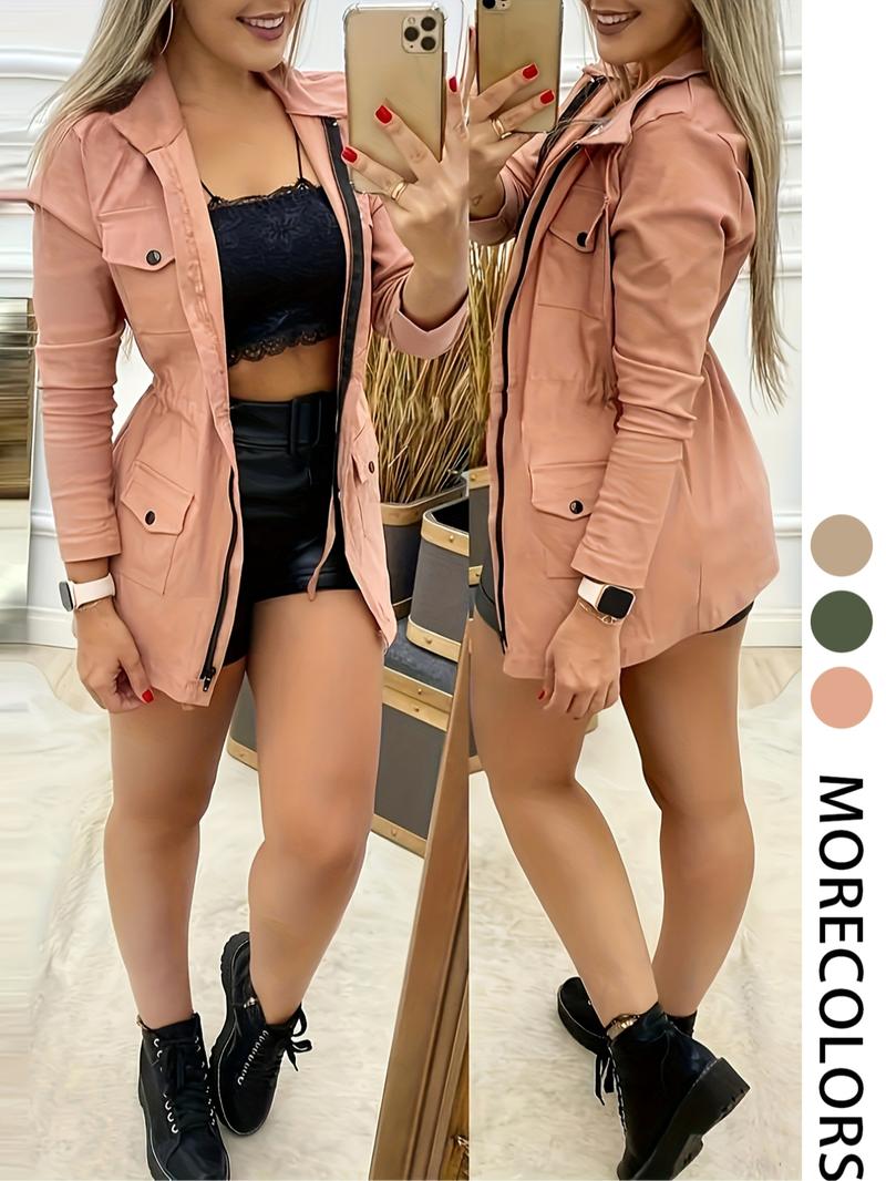 New Spring Autumn Women's Lapel Windbreaker, Slimming Utility Jacket, Casual Fashion Outerwear, Long Sleeve Coat for Ladies