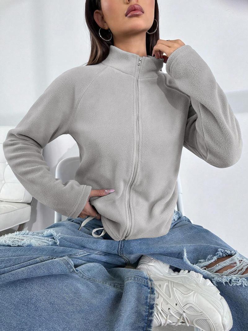 Women's Solid Raglan Sleeve Zip Up Polar Fleece Jacket, Casual Long Sleeve Stand Collar Outerwear for Spring & Fall, Ladies Clothes for Daily Wear