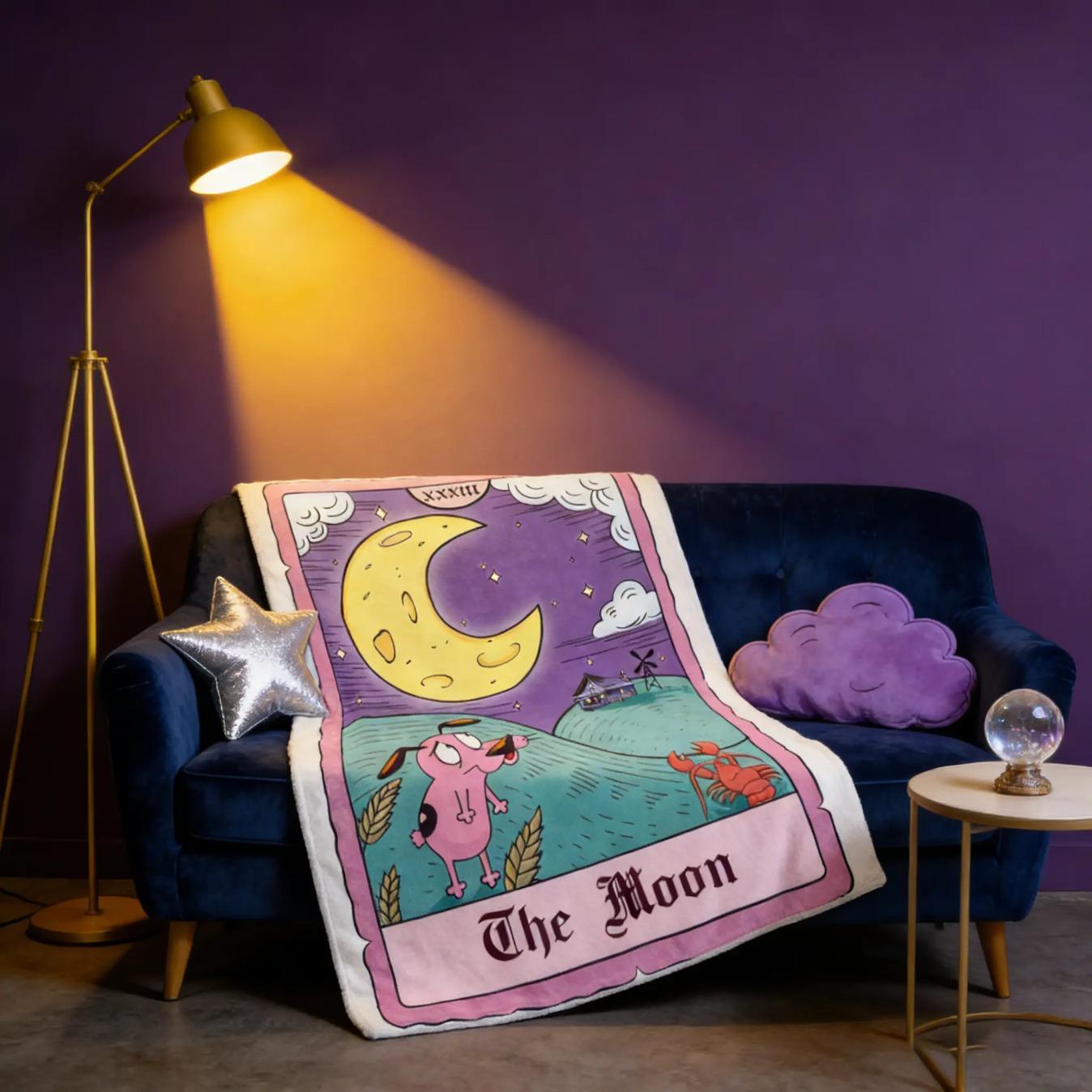 Courage Cowardly Dog Moon Tarot Card Flannel Fleece Blanket Soft Cozy Throw Blanket Retro Cartoon Mystical Gothic Plush Bed Sofa Couch Blanket Halloween Gift Fall Decor for Fans