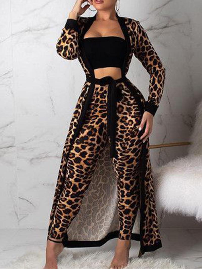 Women's Fashion Leopard Print Knit Elastic Casual Long Sleeve Coat Crop Top Long Pants Three Piece Set, Stylish and Comfortable