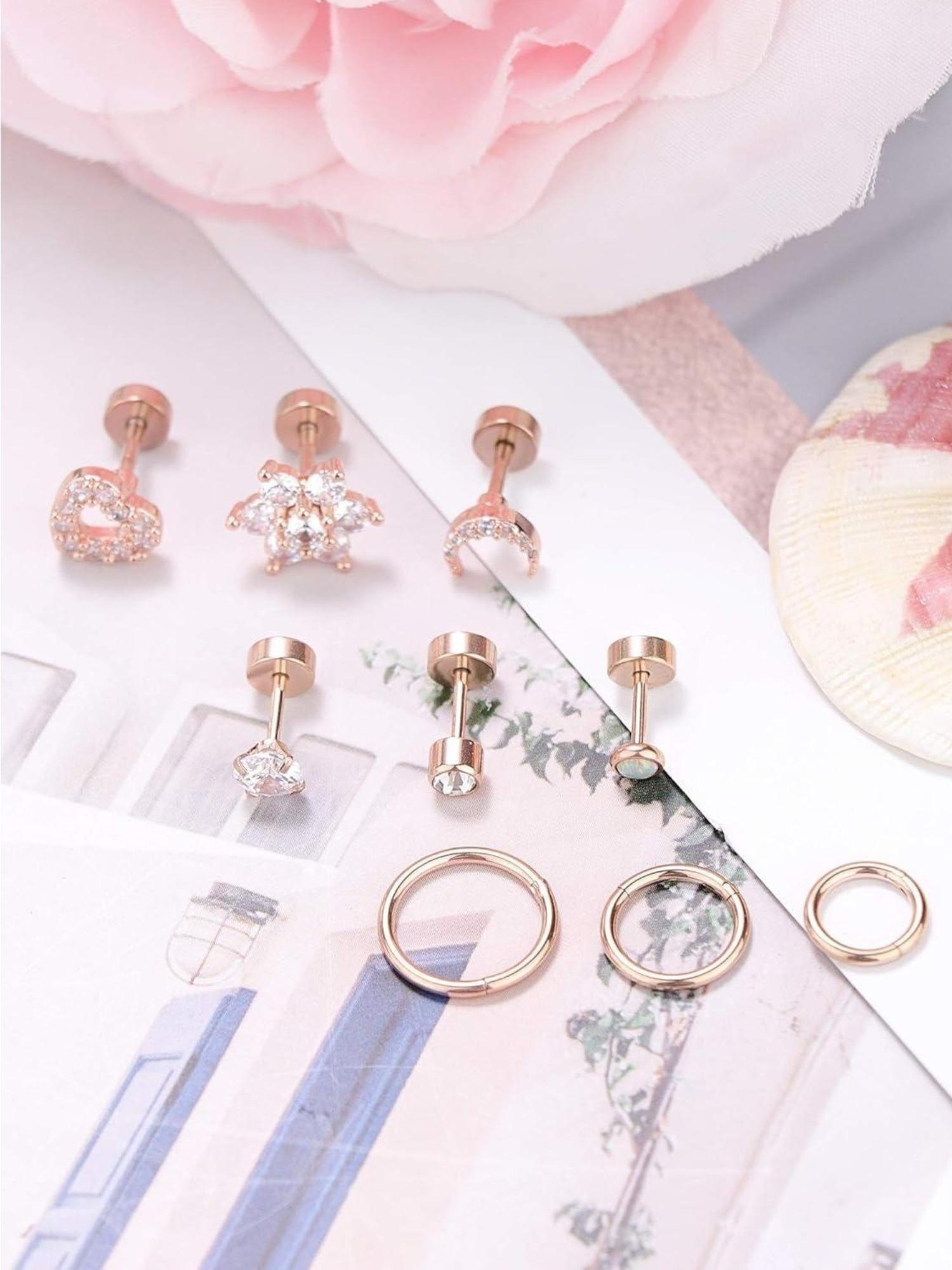 9 Pcs Aesthetic Rose Golden Piercing Pack Cute Heart Moon Flower Design with CZ Opal Hypoallergenic Stainless Steel Labret Studs Cartilage Hoops Must-Have Body Jewelry for Daily Festival Outfits