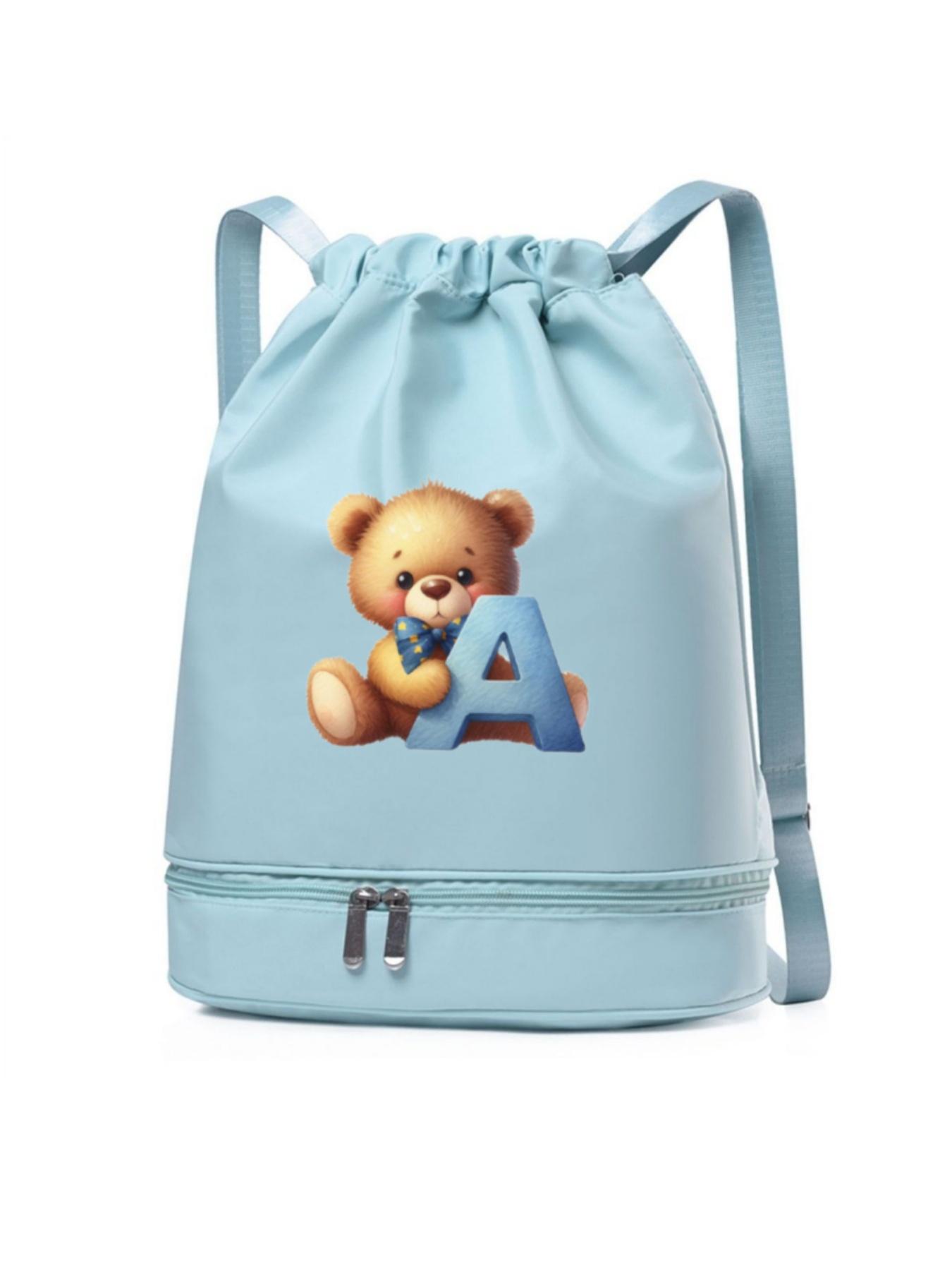 Cute Bear Letter a Pattern Backpack, Lightweight Durable Nylon, Independent Shoe Compartment, Multiple Colors, Fashionable Cartoon Bag