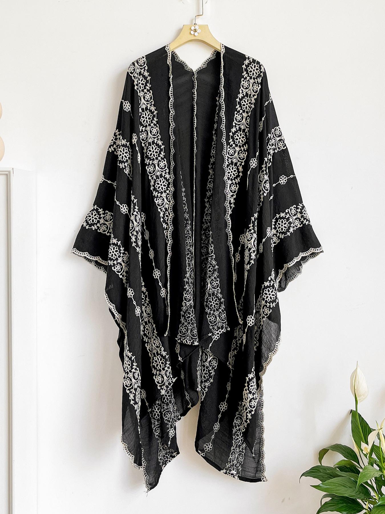 Boho Ocean Embroidered Split Scarf, Loose Fit Elegant All-Season Style, Perfect for Beach Vacations, Commuting and Dates