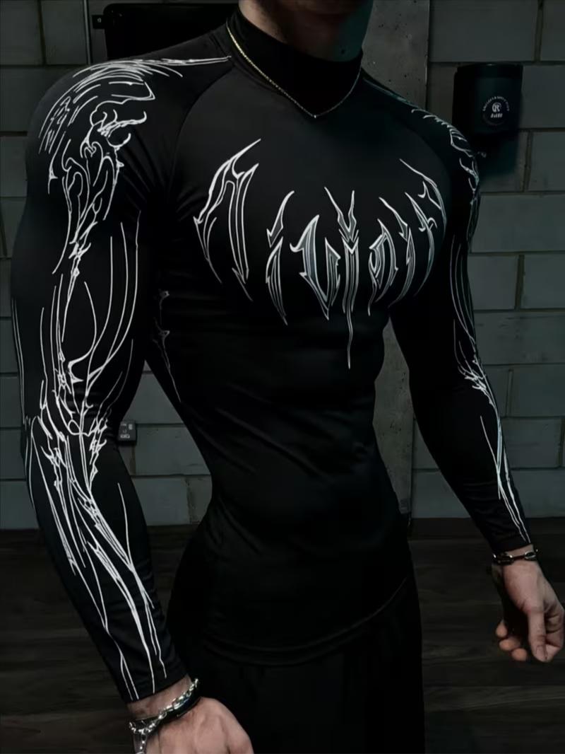 Men's Slim Fit Long Sleeve Sports Shirt, Quick-Dry Breathable Polyester Fabric, Pattern Design, Ideal for Running, Fitness, Casual Wear